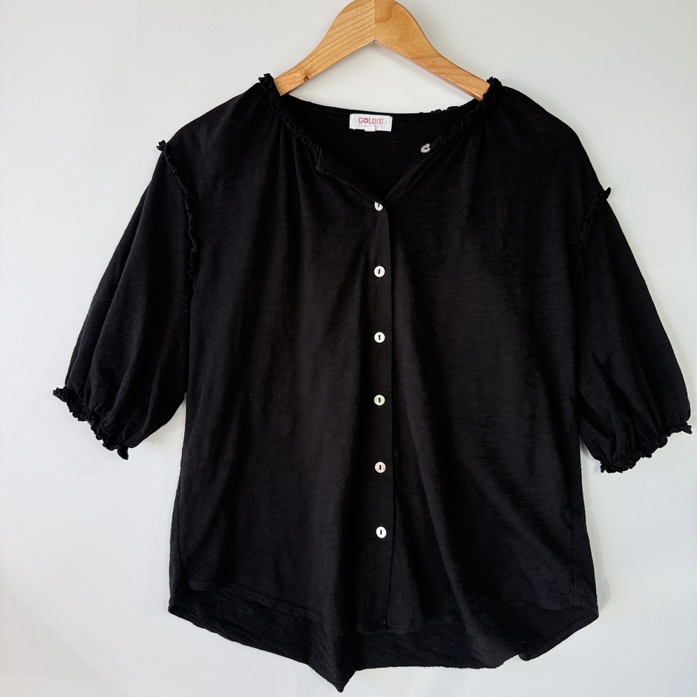 Goldie Lewinter Blouse Womens Small Black Excellent‎ Pima Cotton Puff Sleeve Top